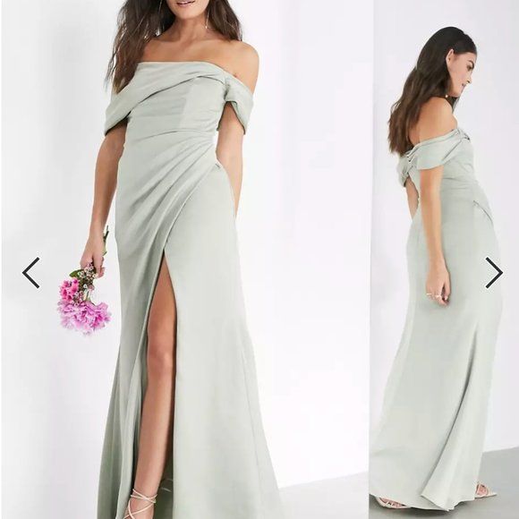 Dark Sage Green Plus Size Bridesmaid Dresses Asos ASOS Design Bridesmaid  Satin Bardot Drape Wrap Maxi Dress In Sage Green